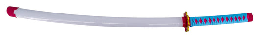 Katana S5081 de Demon Slayer empuñada por Kanroji Mitsuri réplica no oficial de 101 cm hoja de bambú acabada en negro con detalles rosas, mango con encordado azul cielo con piel de imitación de raya color rosa con funda blanca. Ref. S5081