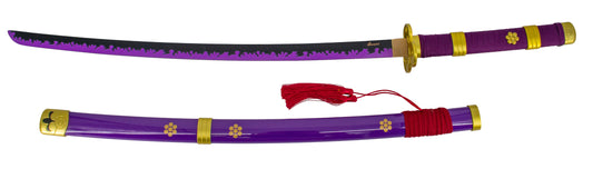 Katana S5082 Katana Enma de Zoro de One Piece réplica no oficial acabada en lila, de 104 cm hoja de bambú acabada en negro con detalles en lila, con vaina lila con detalles dorados y encordado rojo, mango lila con detalles dorados. Ref. S5082