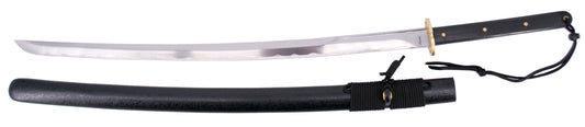 Catana Funcional S6033 de 100 cm hoja de acero al carbono 1065 con filo, con vaina negra y encordado negro, mango de plástico texturizado, con caja de madera forrada y soporte de presentación. Ref. S6033