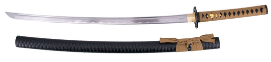 Katana Funcional S6038 de 104 cm hoja de acero al carbono 1045, vaina de madera forrada con polipiel negra imitando piel de cocodrilo, mango encordado marrón
