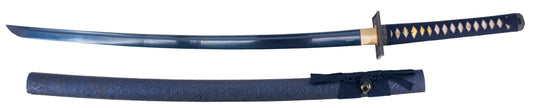 Katana Funcional S6039 de 104 cm hoja de acero de damasco azul, vaina de madera forrada con tela decorada azul, mango encordado azul con piel de raya auténtica