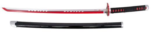 Katana Bambú LED S6047 de Demon Slayer Katana Mingshao empuñada por Kamado Tanjirou réplica no oficial de 68,5 cm hoja de bambú en rojo y gris, con tira de led en color rojo. Mecanismo de pilas AAA. Ref. S6047