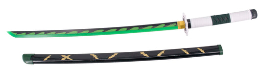 Katana Bambú LED S6049 de Demon Slayer empuñada por Shinazugawa Sanemi réplica no oficial de 68,5 cm hoja de bambú acabada en negro con detalles en color verde, con tira de led en color verde. Mecanismo de pilas AAA. Ref. S6049