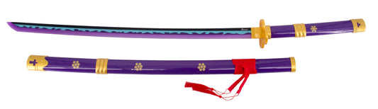 Katana Bambú LED S6054 de Enma de Zoro de One Piece réplica no oficial de 68,5 cm hoja de bambú en lila, azul y negro, con tira de led en color lila, mango lila con con detalles dorado. Mecanismo de pilas AAA Ref. S6054