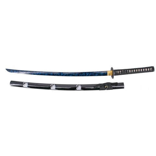 Katana Funcional S6057L de 103,5 cm hoja de acero al carbono 1045 con filo acabada con aspecto cerámico, con vaina lacada en negro y tres cisnes blancos, encordado negro