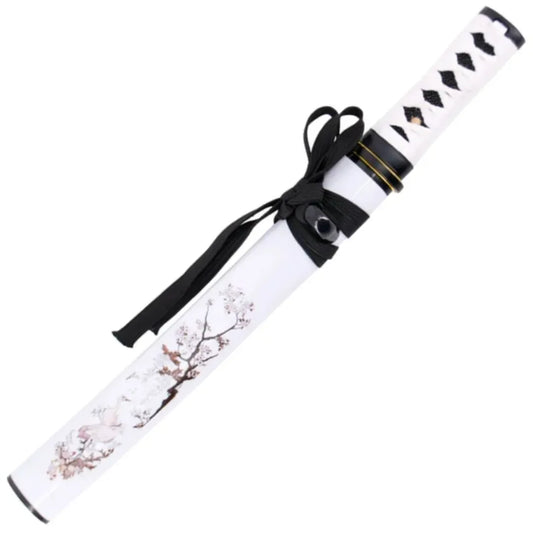 Tanto Funcional S6046B de 45 cm con hoja de acero al carbono 1065 de 27 cm, vaina de madera acabada en blanco con detalles de flores y grulla, mango encordado blanco con imitación de piel de raya