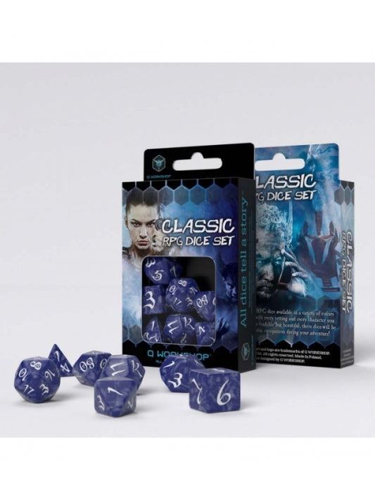 Dados de rol Clásico en cobalto y blanco (7 unidades) - Q Workshop