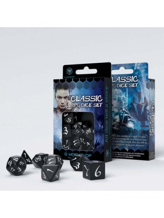 Dados de rol Clásico en negro y blanco (7 unidades) - Q Workshop
