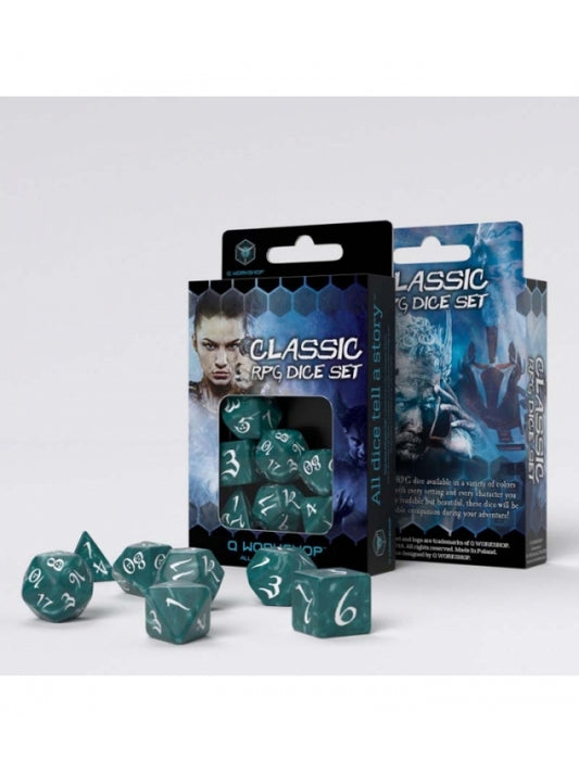 Dados de rol Clásico en verde Stormy & blanco (7 unidades) - Q Workshop