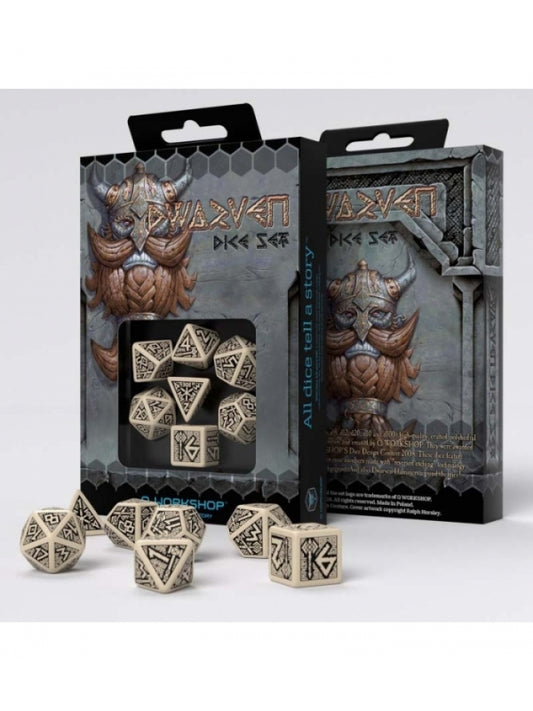 Dados Dwarven en Beige y Negro (7 unidades) - Q Workshop