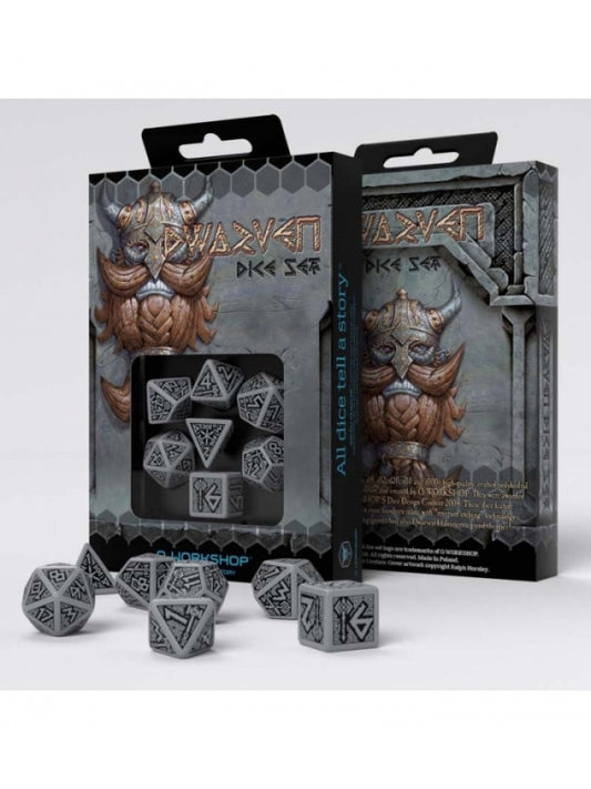 Dados Dwarven en Gris y Negro (7 unidades) - Q Workshop