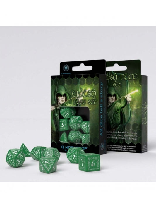 Dados Élficos en Verde y Blanco (7 unidades) - Q Workshop