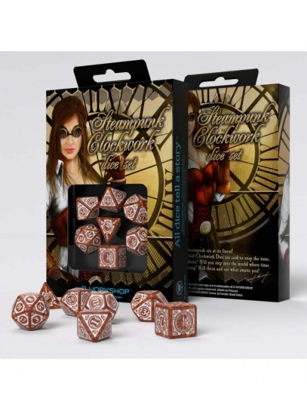 Dados Steampunk Clockwork en Caramelo y Blanco (7 unidades) - Q Workshop