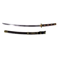Katana Funcional S2024H de 101,5 cm hoja de acero, vaina de madera negra lacada con detalles rojos e imitación de piel de serpiente, mango con imitación de piel