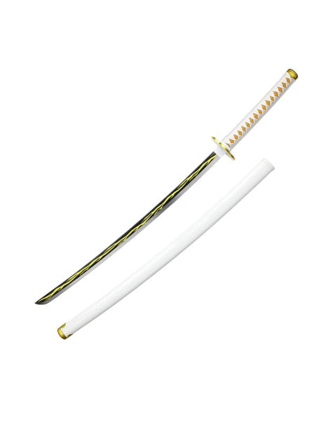 Katana S5092 de Demon Slayer empuñada por Agatsuma Zenitsu réplica no oficial de 101 cm hoja de acero, mango con encordado blanco e imitación de piel de raya en color naranja. Ref. S5092