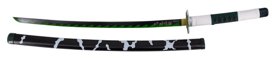 Katana S5091 de Demon Slayer empuñada por Shinazugawa Sanemi réplica no oficial de 103 cm hoja de acero acabada en negro con detalles en color verde, mango con encordado negro en el centro y blanco en los extremos y con piel de imitación